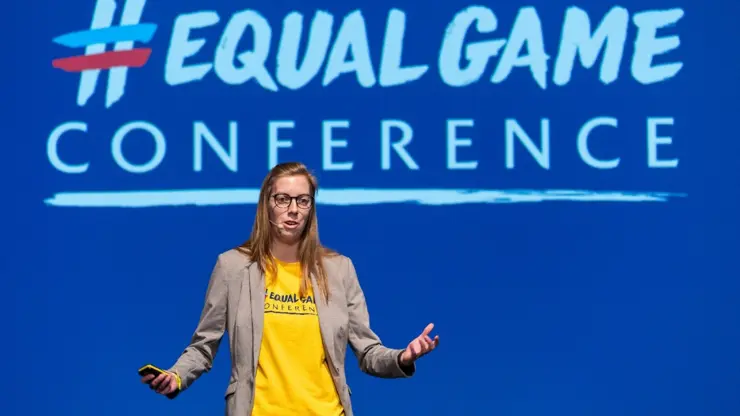 Sarah Nickless speaking at a #EqualGame Conference