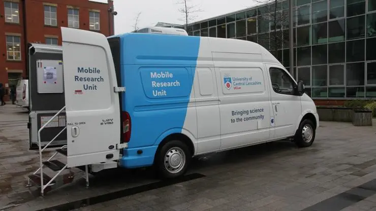 The mobile research unit van outside on Preston main Campus.
