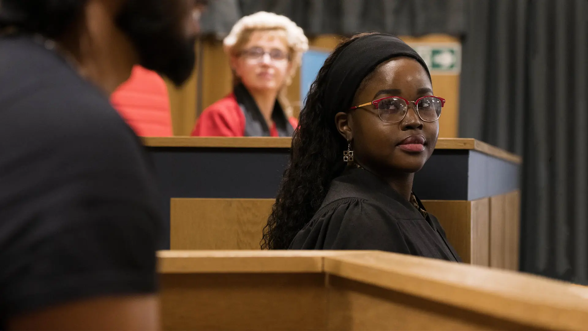 Law student in the moot courtroom