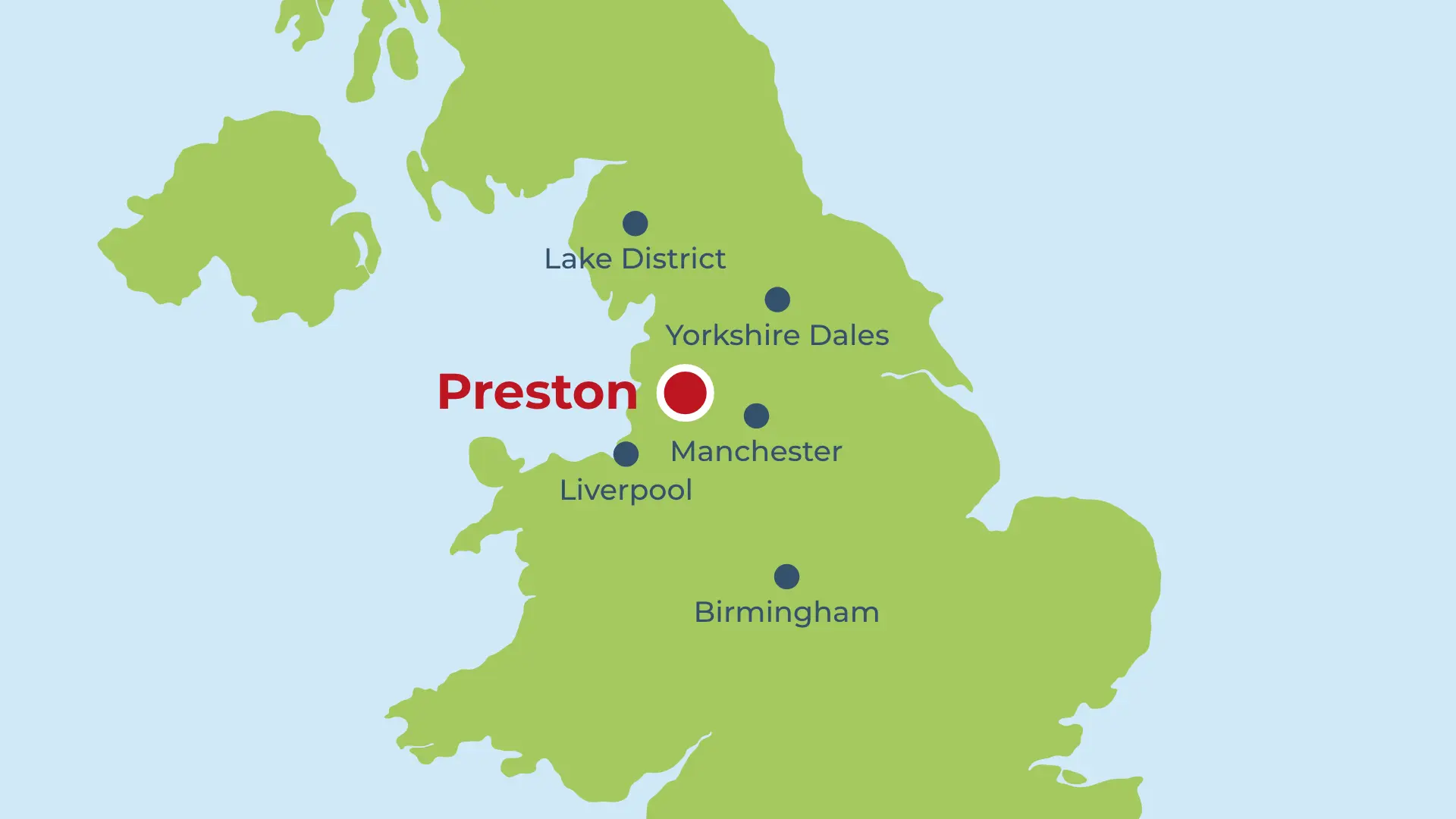 A zoomed in graphic of the United Kingdom with a red marker placed on where Preston is located on the map. Preston is located between Liverpool, Manchester and Yorkshire, and just 80 miles from the lake district. Blue map markers indicate the locations of