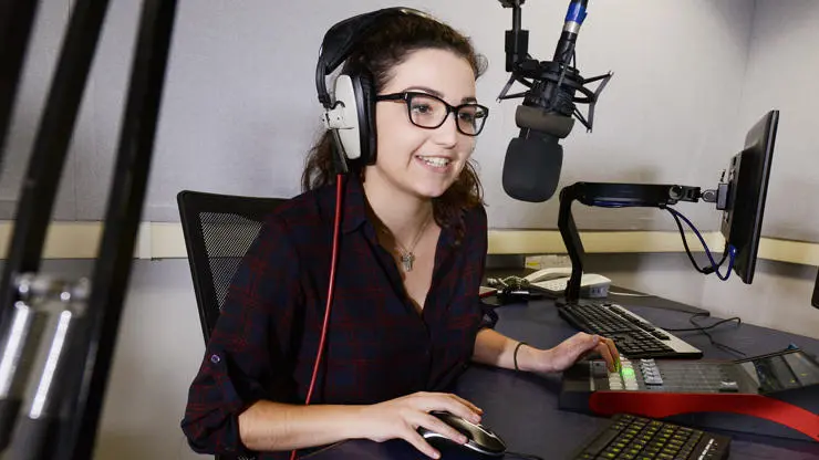 Journalism Student Maria Jacovou in the recording studio