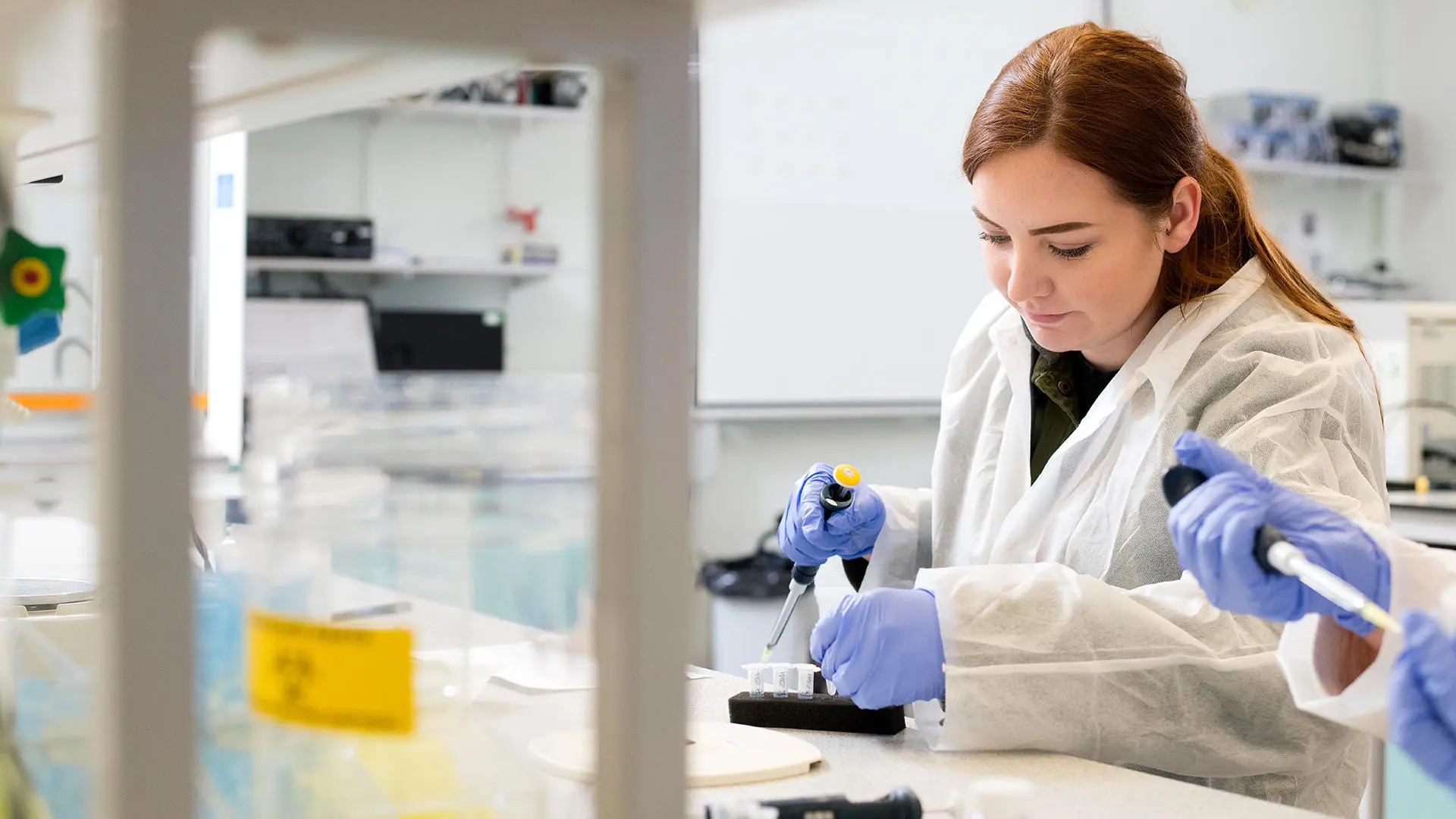 neuroscience mres student working in a laboratory wearing gloves and lab coat