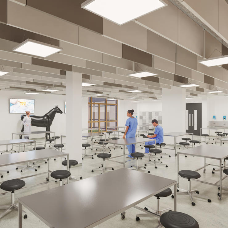 Concept art - students working in veterinary clinical skills room - Photo Credit: Wilson Mason LLP