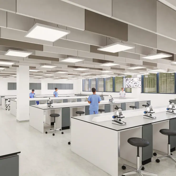 Concept art - students working in microscopy room - Photo credit: Wilson Mason LLP