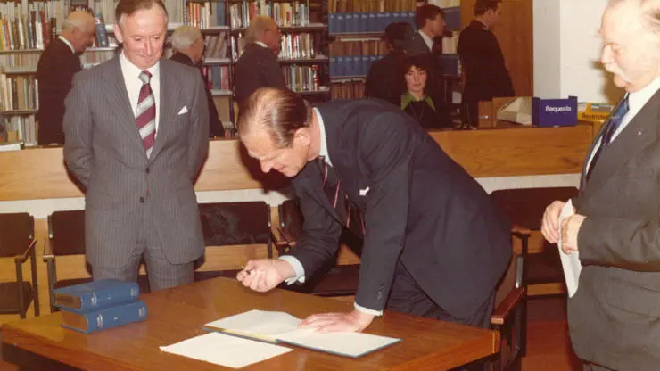 The late HRH Prince Philip officially opening the Library in the 1970s 
