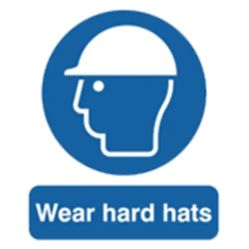 blue wear hard hats sign