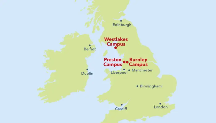 Map of British Isles with locations of UCLan campuses highlighted, along with major British cities