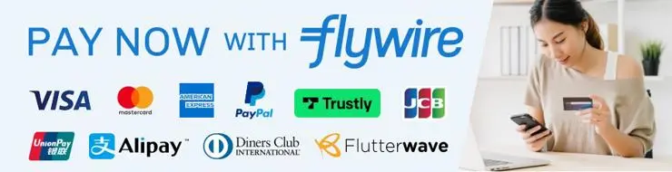 Flywire accepts: Alipay American Express Diners Club Flutterwave JCB Mastercard PayPal Trustly UnionPay VISA