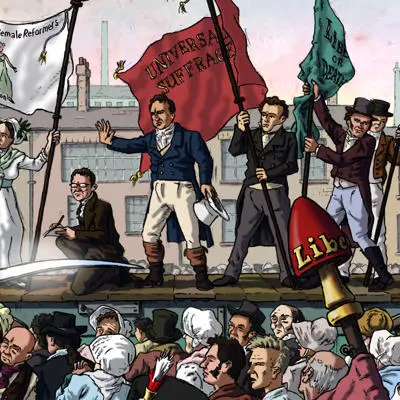 Cartoon artwork of the Peterloo uprising