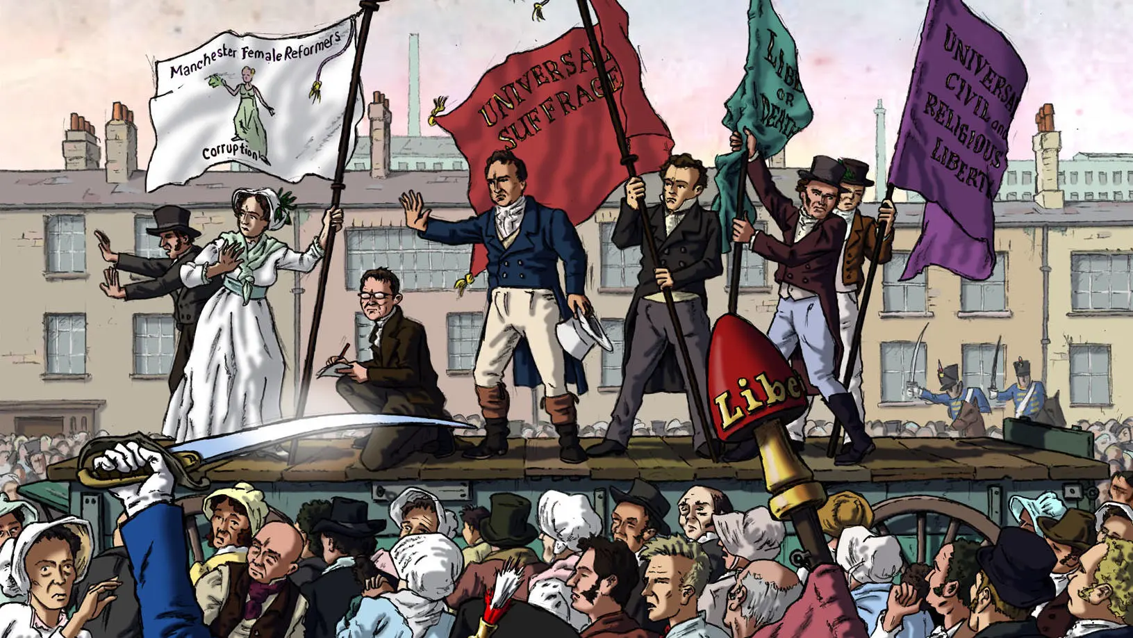 Cartoon artwork of the Peterloo uprising