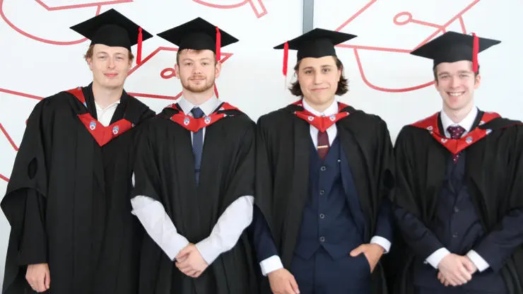 Luke Chesworth, Matthew Fowler, Jack Lowden and Igor Kolinski enjoying their graduation day