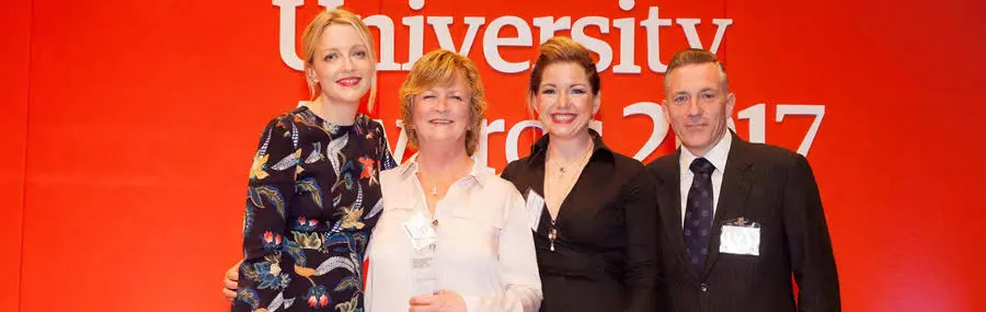 L-R Lauren Laverne with UCLan's Dame Caroline Watkins, Colette Miller and Danny Livingstone