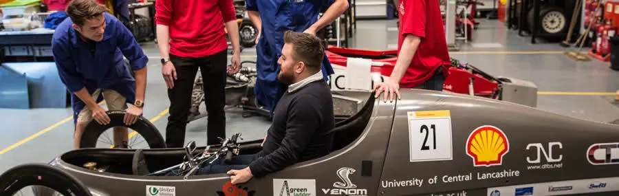 Presenter and comedian Alex Brooker with the UCLan Shell Eco-Marathon team.