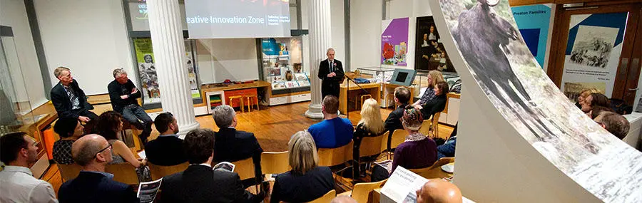 Professor Mike Thomas giving the welcome talk at the Creative Innovation Zone showcase.