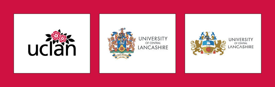 The current University of Central Lancashire logo, alongside two proposed logo designs using the University Coat of Arms