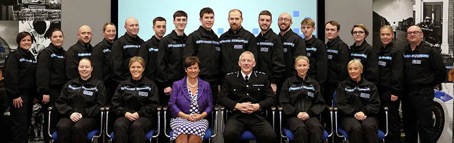 New recruits pictured with Magistrate Judy Brucl JP and Chief Constable Andy Rhodes
