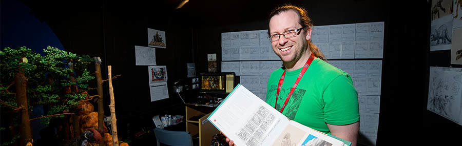 MA Animation student Mike Tharme with Harryhausen: The Lost Movies book