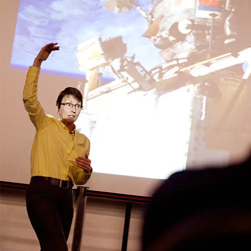Helen Sharman, the first British to travel to space, talking to schoolchildren at the University of Central Lancashire.