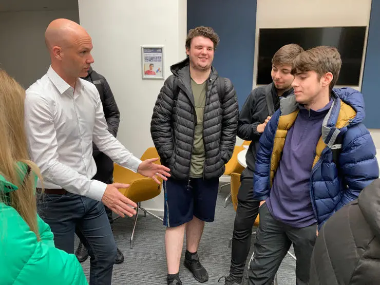 Premier League and FIFA football referee Anthony Taylor speaks to UCLan sports journalism students
