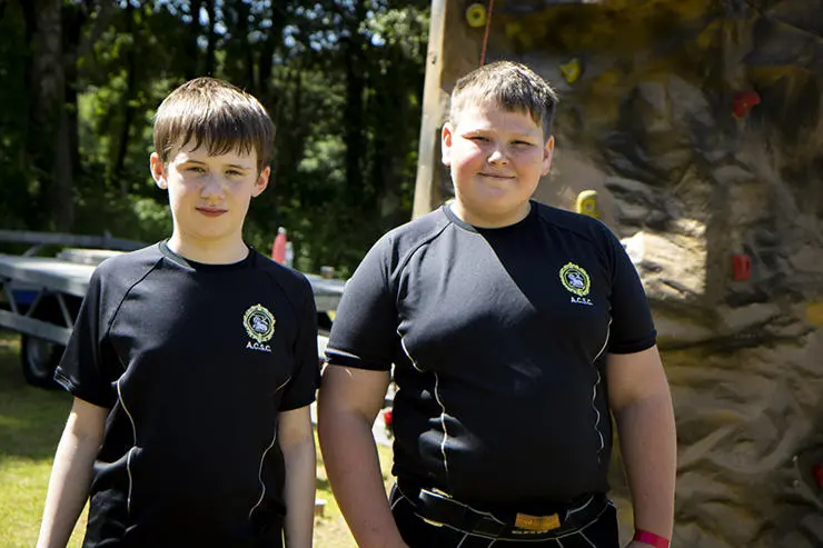 Joseph Bettridge,13 (left) and Calvin Graham,11 from Ashton Community Science College before going on the climbing wall.
