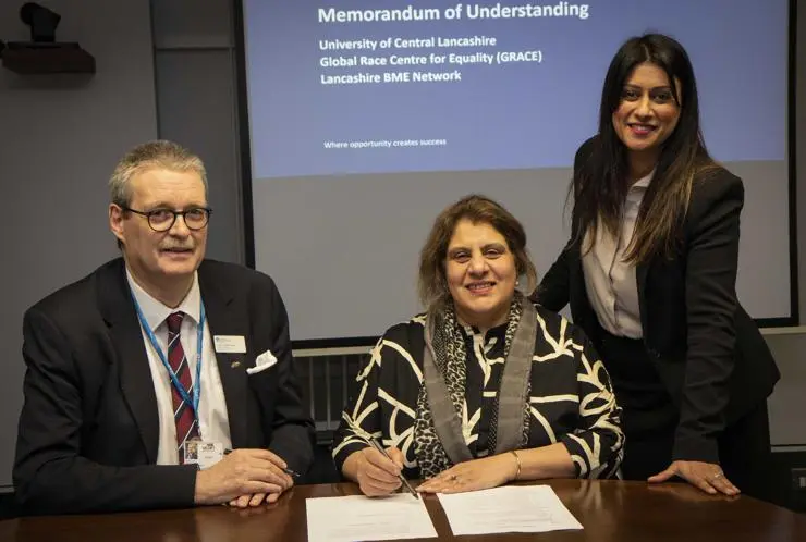 (L-R) Pro Vice-Chancellor for research and enterprise at UCLan, Professor StJohn Crean, Councillor Nweeda Khan, Chair of the Board of Trustees at Lancashire BME Network and Naz Zaman, Lancashire BME Network Chief Officer Naz Zaman.