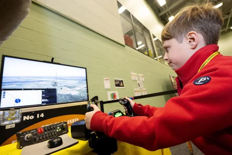 Matthew Brown piloting a virtual aeroplane
