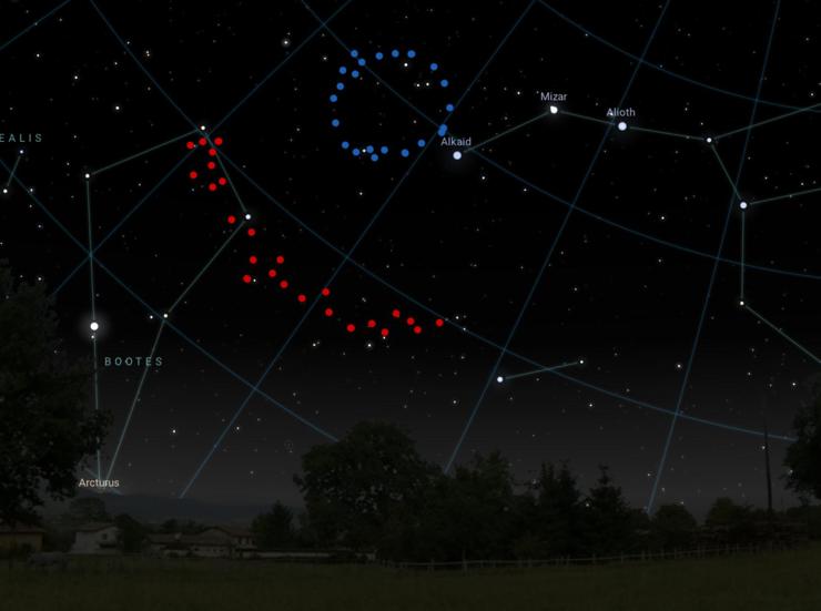 An artistic impression of what the Big Ring (shown in blue) and Giant Arc (shown in red) would look like in the sky. Background image credit: Stellarium.