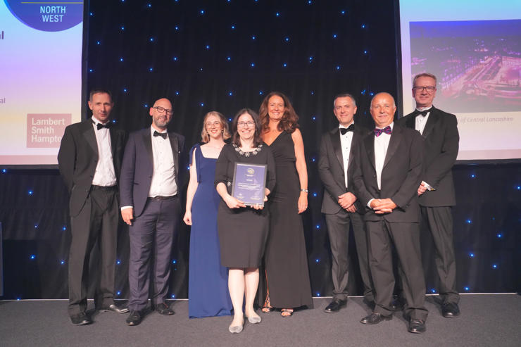Colleagues from UCLan (centre), Preston City Council & Lancashire County Council receiving the award from RTPI chair & representative of Awards Judging Panel