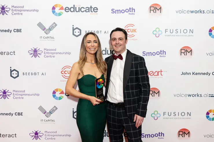 Dr Kathryn Gardner and Dr Jamie Taylor with their Employer Engagement Award – University Sector. Photo credit to ER Photography
