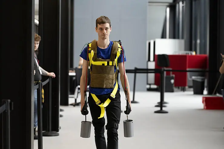 Bomb squad walk - a student from Vrije Universiteit in Belgium takes part in the bomb squad walk challenge.