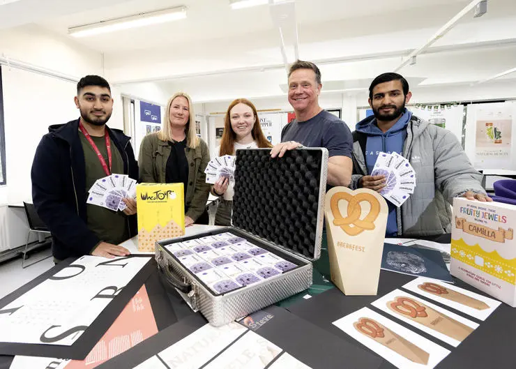 (L-R) Student Hamza Mailk, Forepoint senior designer Abi Stones, student Olivia Hayward, Forepoint director and UCLan alumni Keith Noble and UCLan student Shahzad Ansar.