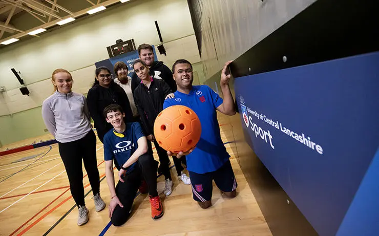 Sport and physical education student Rainbow Mbuangi (far right) with students who took part in the goalball taster session