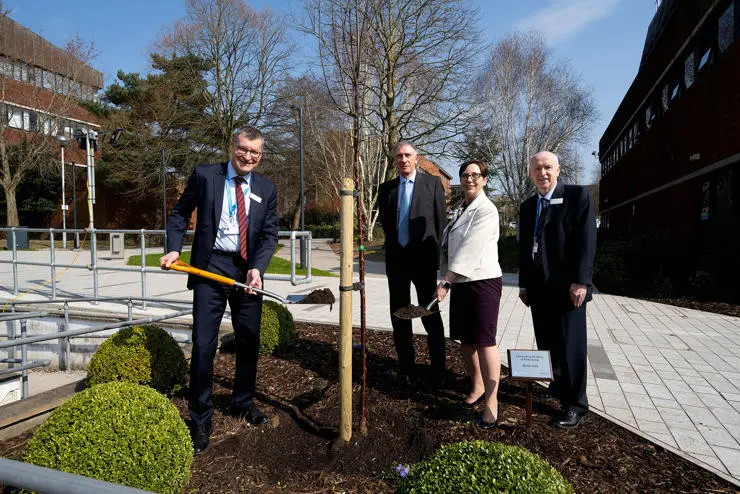 UCLan’s anniversary tree planting ceremony (L-R) UCLan Vice-Chancellor Professor Graham Baldwin, John Boydell, Chair of the Corporation Board at Preston College, Louise Doswell, Principal and Chief Executive of Preston College, and University Secretary and General Counsel Ian Fisher.