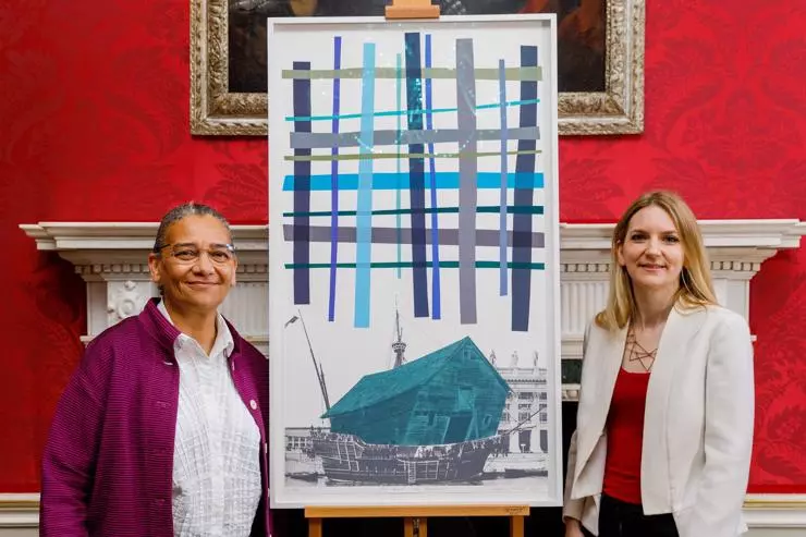 Julia Lopez MP, Minister of State, Department for Digital, Culture, Media and Sport (right) with Professor Himid and her new work Old Boat, New Weather.