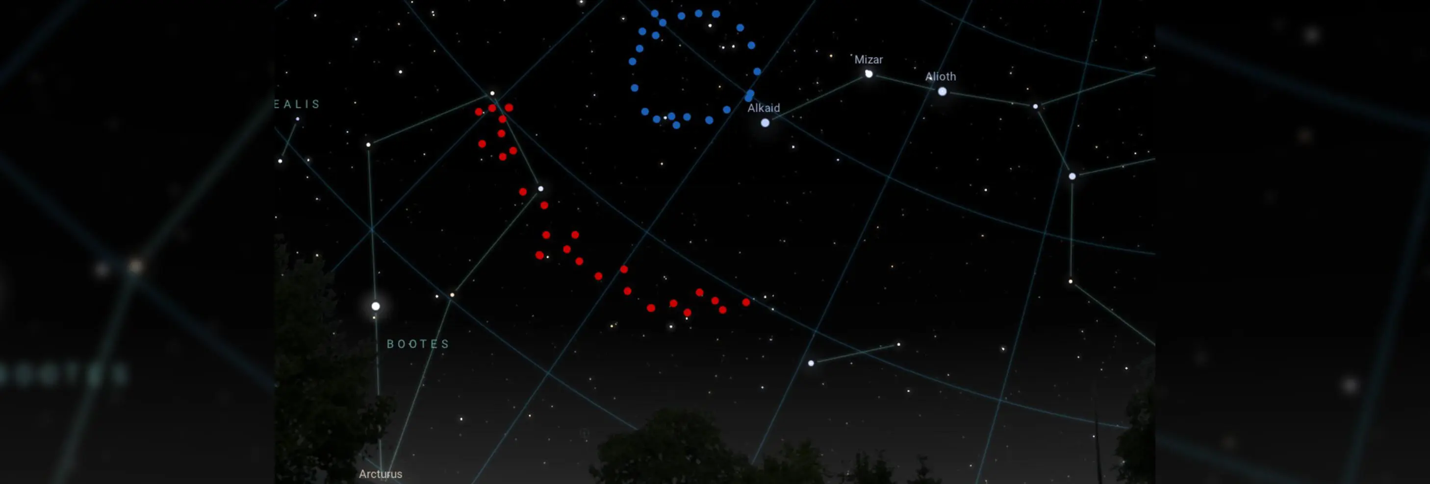 An artistic impression of what the Big Ring (shown in blue) and Giant Arc (shown in red) would look like in the sky. Background image credit: Stellarium.