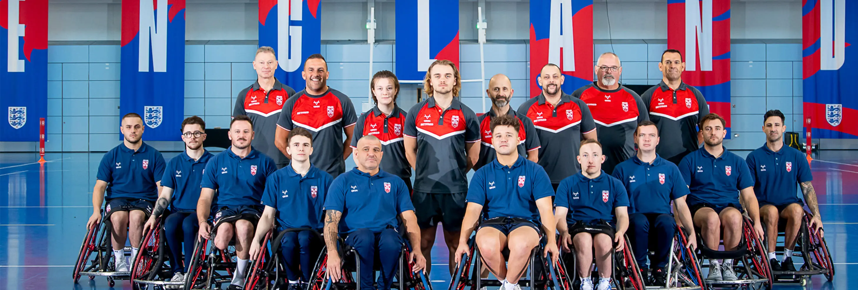 MSc Sport and Exercise Science students Amelia Farrow and Sam Bland with the England Rugby League Wheelchair team