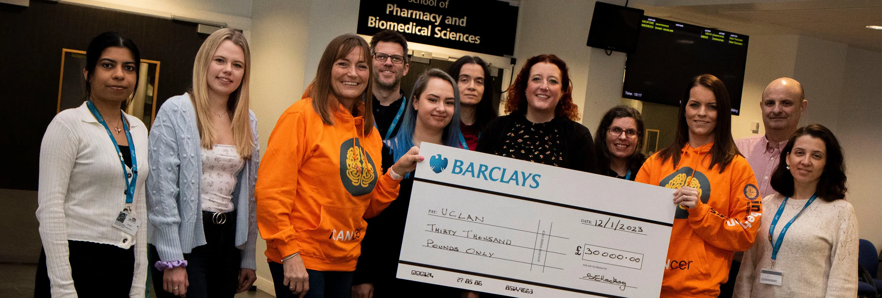 Staff and students from UCLan's School of Pharmacy with Sharon Hacking from Inbetweenears