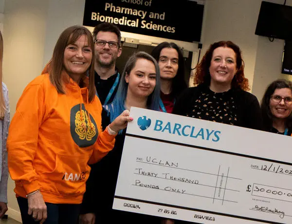 Staff and students from UCLan's School of Pharmacy with Sharon Hacking from Inbetweenears
