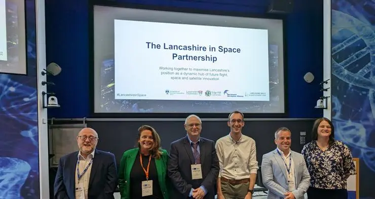UCLan’s Professor Robert Walsh, Lancaster University’s Sharon Lèmac-Vincere, Edge Hill University’s Michael Boyle, Lancashire Space Lead to North West Space Cluster’s Nathan Shoesmith, North West Aerospace Alliance’s Kyle Hatchard and Kerry Harrison, Lancashire Skills and Employment Hub.