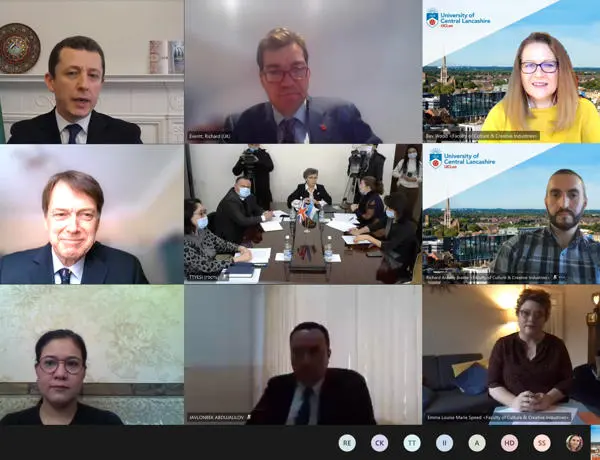 A videocall screen showing a selection of UCLan, Tashkent Institute of Textile and Light Industry and Uzbekistan government representatives