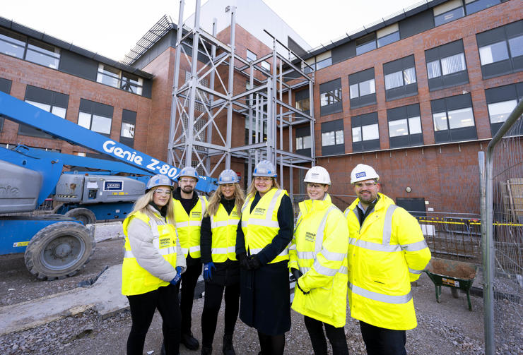 L-r first year veterinary medicine students Liberty Stamp-Hanes, Liam Laing and Amber Williams; Dr Heather Bacon OBE, Dean of UCLan’s School of Veterinary Medicine; Karen Fairhurst, Senior Project Manager at Morgan Sindall; and Karl Hunter, Pre-construction Director at Leach Structural Steelwork