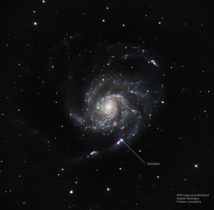 Photograph of the supernova observed in M101. Credit to Andrew Wellington from the Preston And District Astronomical Society.