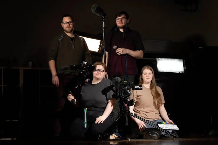 Film director Jonny Randell (left) with film production students who are working on the dance project L-R) Heather Gaywood, Callum Guilmour and Indira Townend.