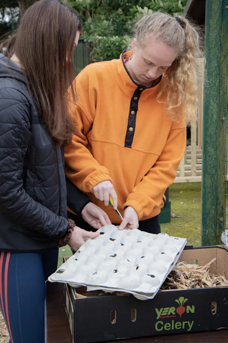 Two students holding an egg carton
