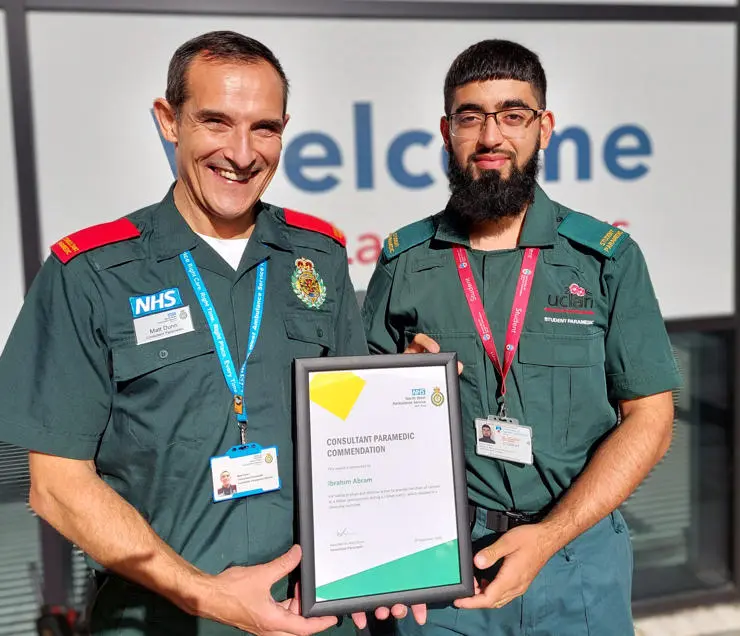 Matt Dunn, Lancashire and Cumbria Consultant Paramedic, and UCLan student paramedic Ibrahim Akram