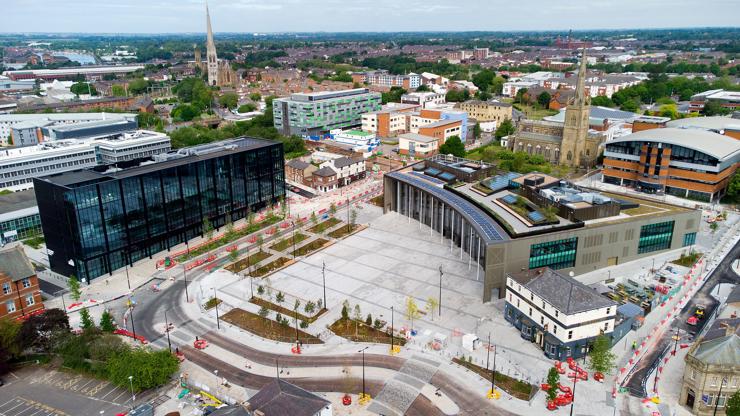 Aerial campus view of the Student Centre and University Square 
