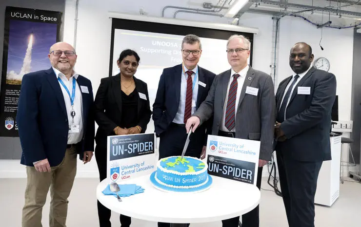 From l-r Professor Robert Walsh, academic lead for UCLan’s activities in space; Dr Komali Kantamaneni, Senior Research Fellow in coastal science and the environment at UCLan; Professor Graham Baldwin, UCLan Vice-Chancellor; Lóránt Czárán, Chief of the Vienna Branch of the UN-SPIDER Programme; and Professor Michael Fernando, Head of UCLan’s School of Engineering.