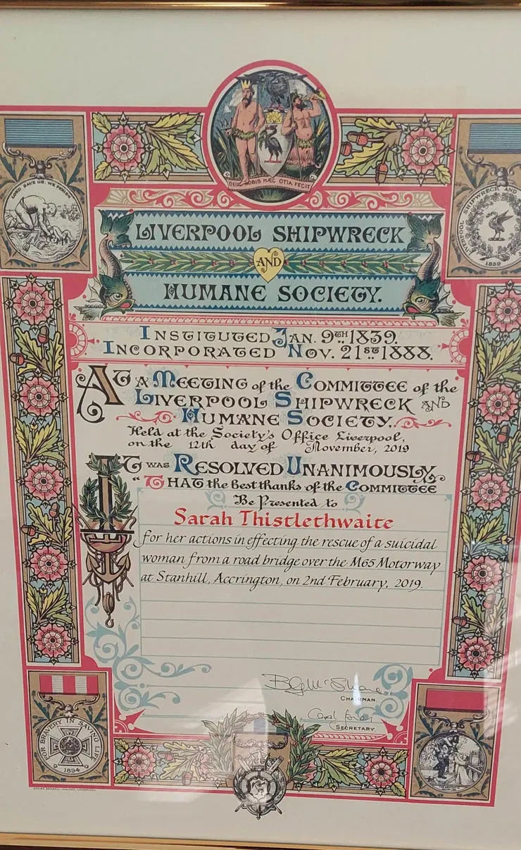 Sarah's Liverpool Shipwreck and Humane Society Award parchment
