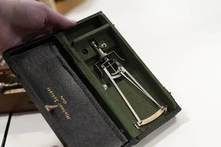 An X-Tonometer, which is used to measure eye pressure and was designed by Professor Schiotz in the early 1900s